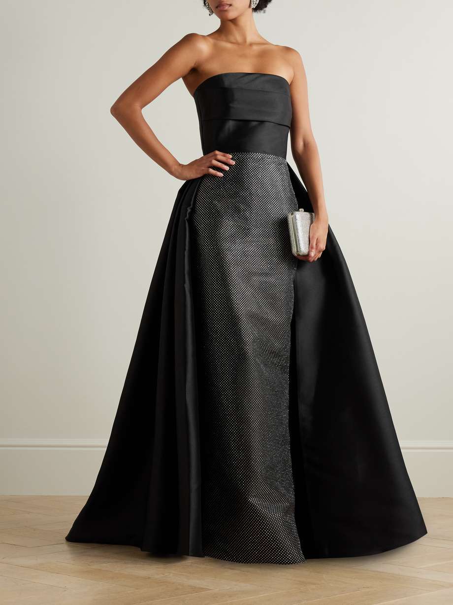 tiffany crystal-embellished strapless pleated satin-twill gown