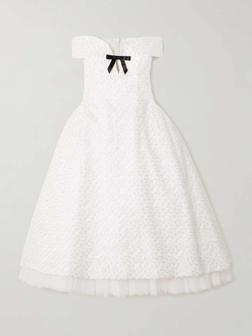 SHUSHU/TONG Off-the-shoulder Embellished Embroidered Tulle Midi Dress - UK 10