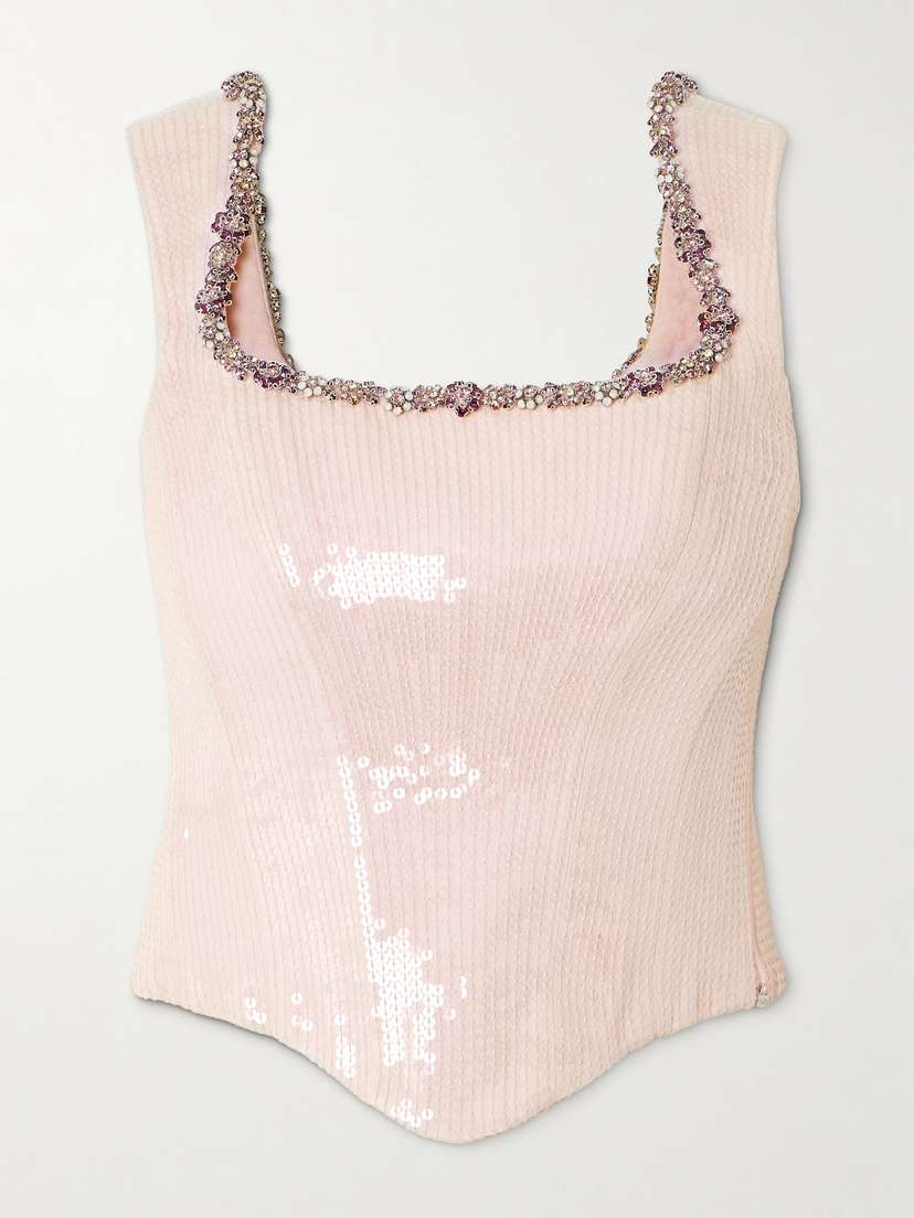 Clio Peppiatt Blossom Crystal-embellished Sequined Tulle Bustier Top