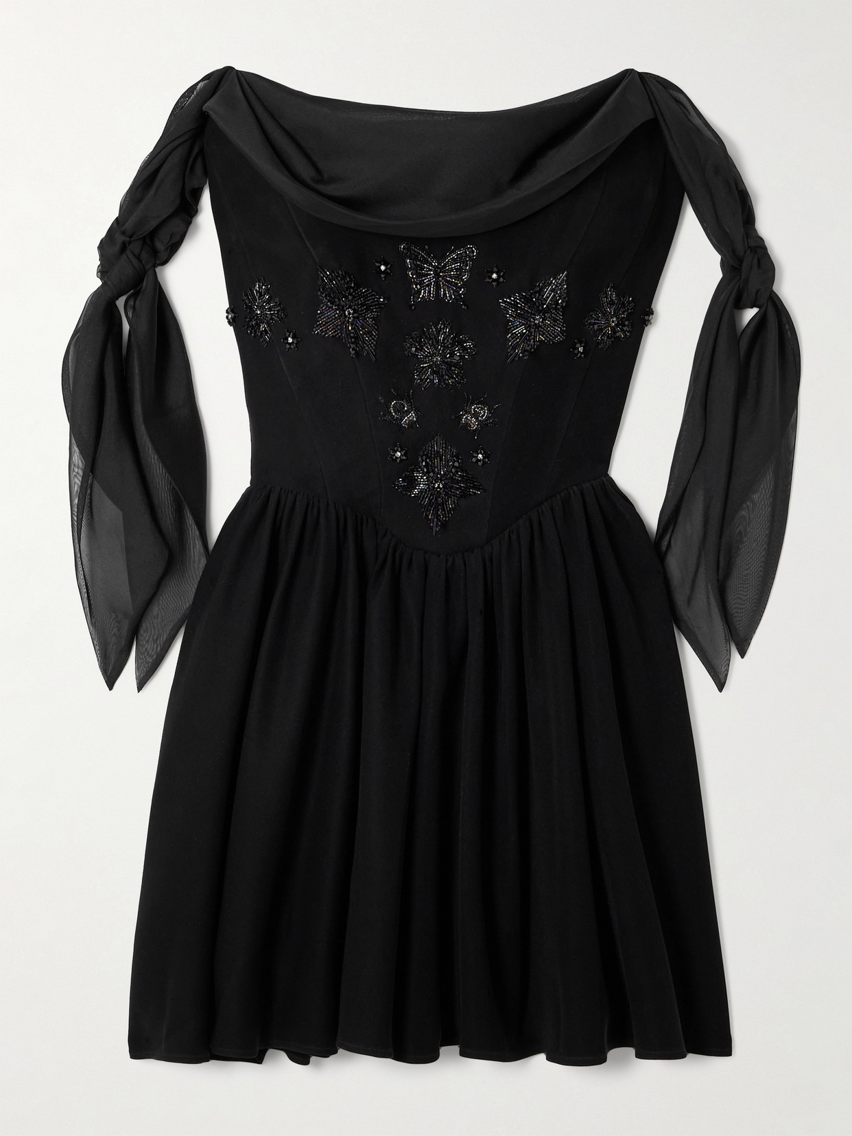 Clio Peppiatt Iris Off-the-shoulder Tie-detailed Embellished Crepe De Chine Mini Dress In Black