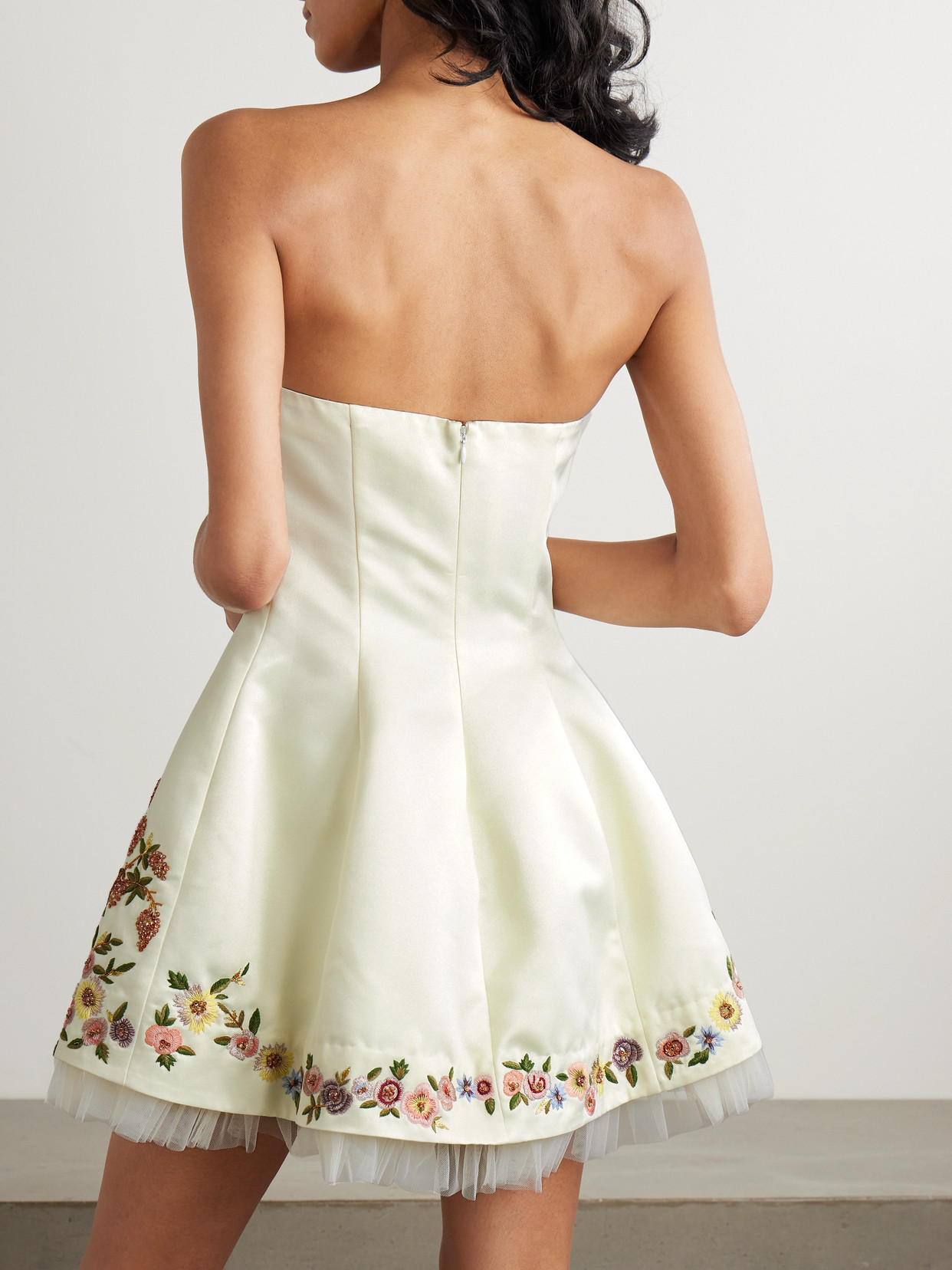 Clio Peppiatt Peacock Strapless Tulle-trimmed Embroidered Crepe Mini Dress In Silver