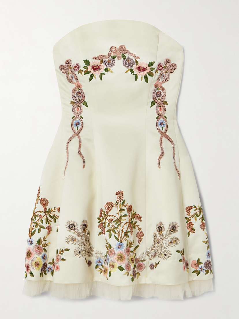 Clio Peppiatt Peacock Strapless Tulle-trimmed Embroidered Crepe Mini Dress