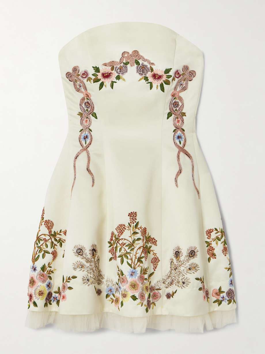 peacock strapless tulle-trimmed embroidered crepe mini dress