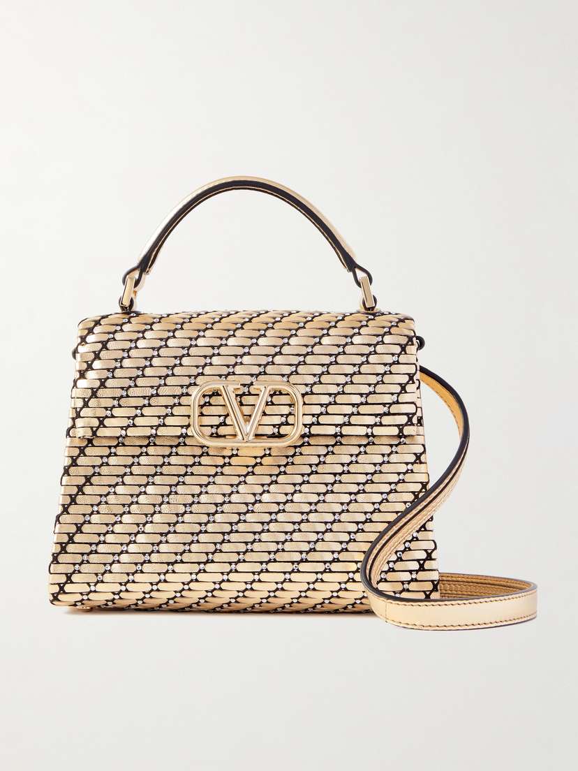 Valentino Garavani Vsling Mini Crystal-embellished Woven Metallic Leather Shoulder Bag