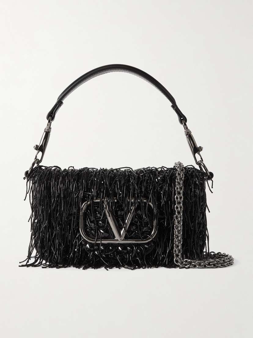 Valentino Garavani Locò Small Fringed Sequined Leather Shoulder Bag