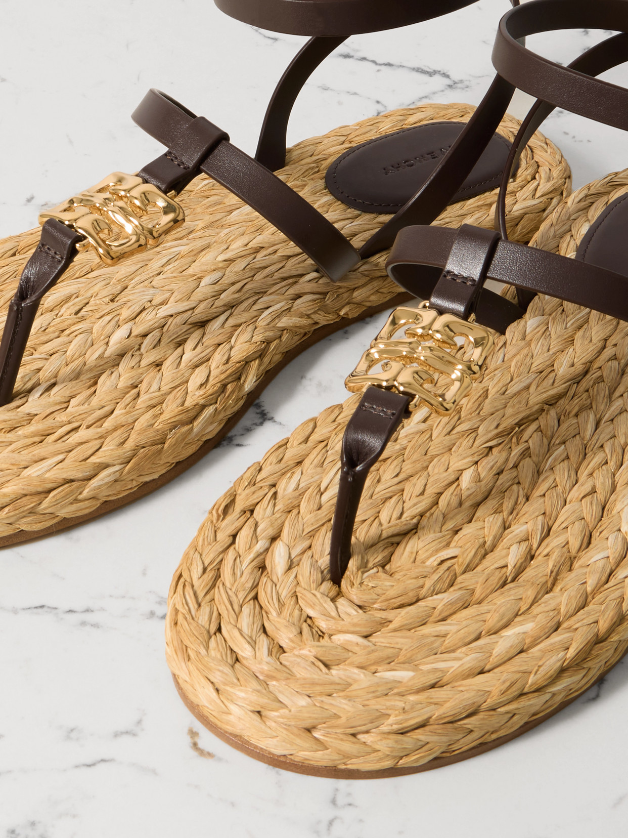Givenchy 4g Liquid Embellished Raffia And Leather Sandals In Brown