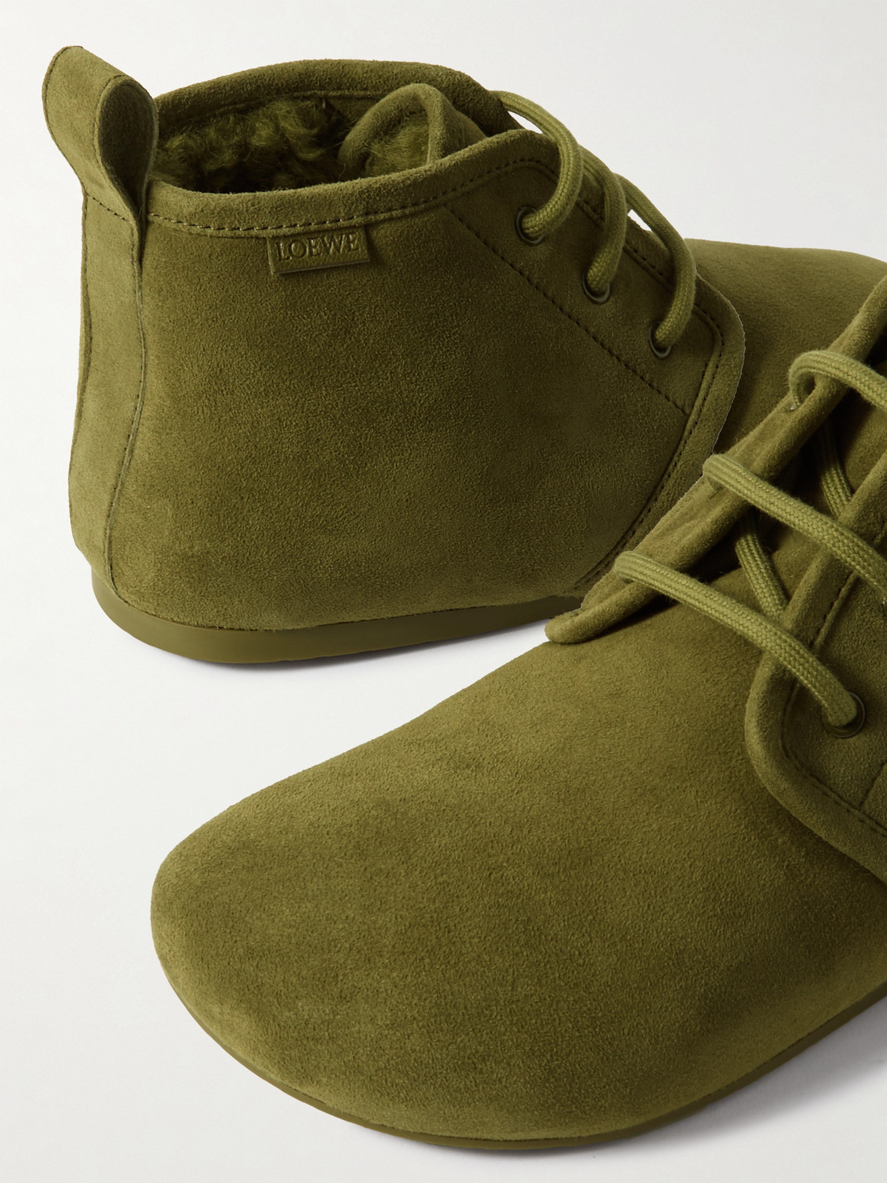 Loewe Lago Shearling-lined Suede Ankle Boots In Green