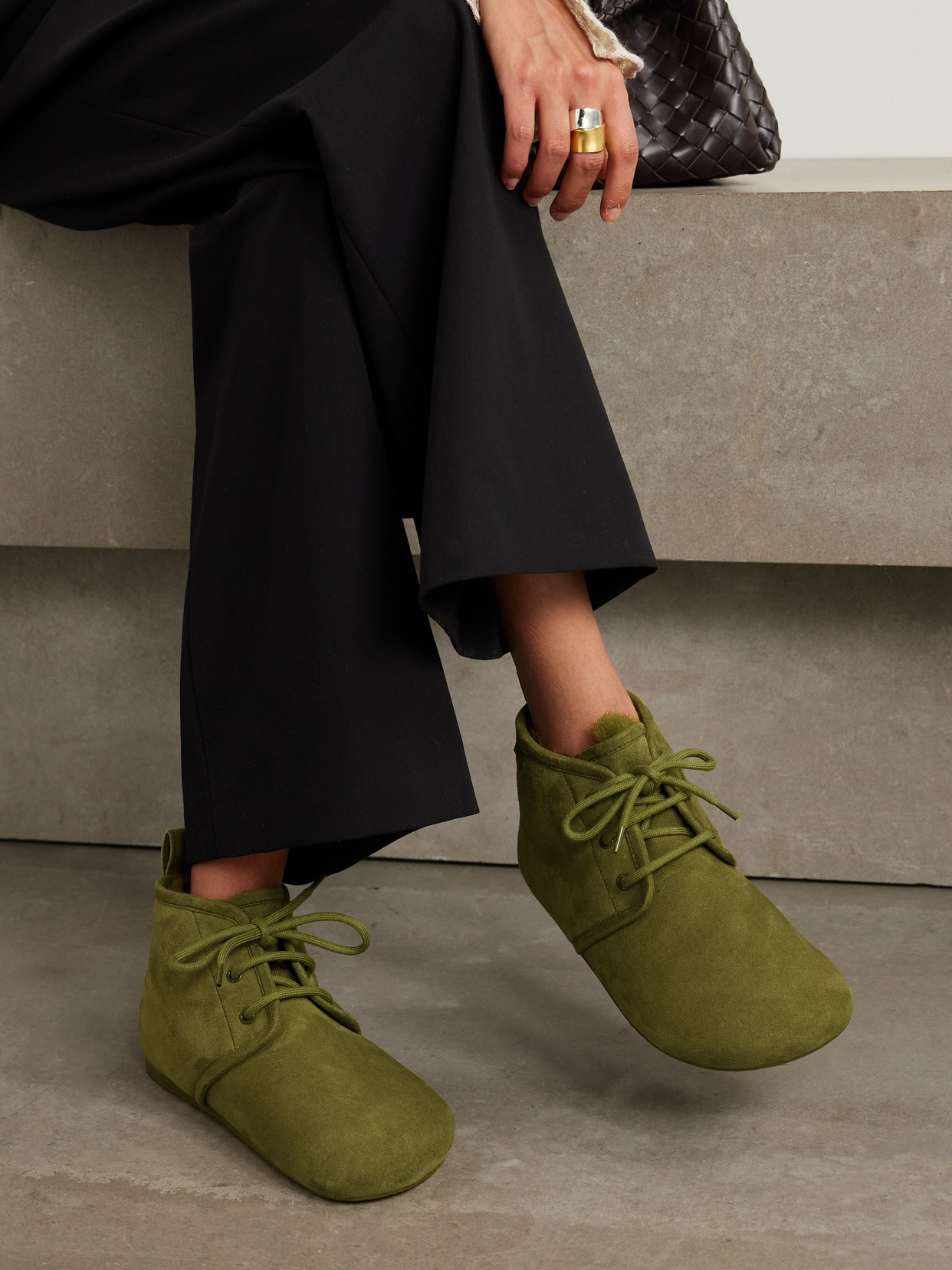 Loewe Lago Shearling-lined Suede Ankle Boots In Green
