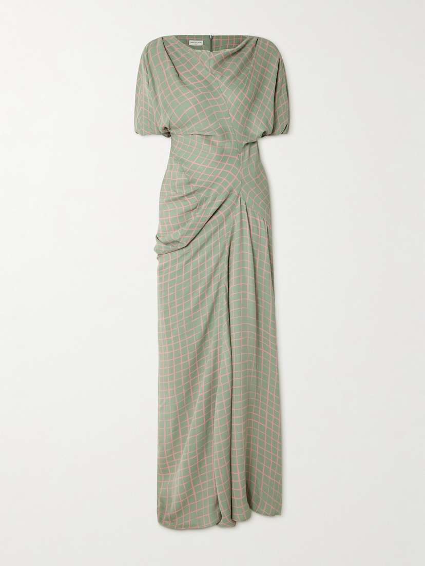 Dries Van Noten Gathered Checked Jersey Maxi Dress