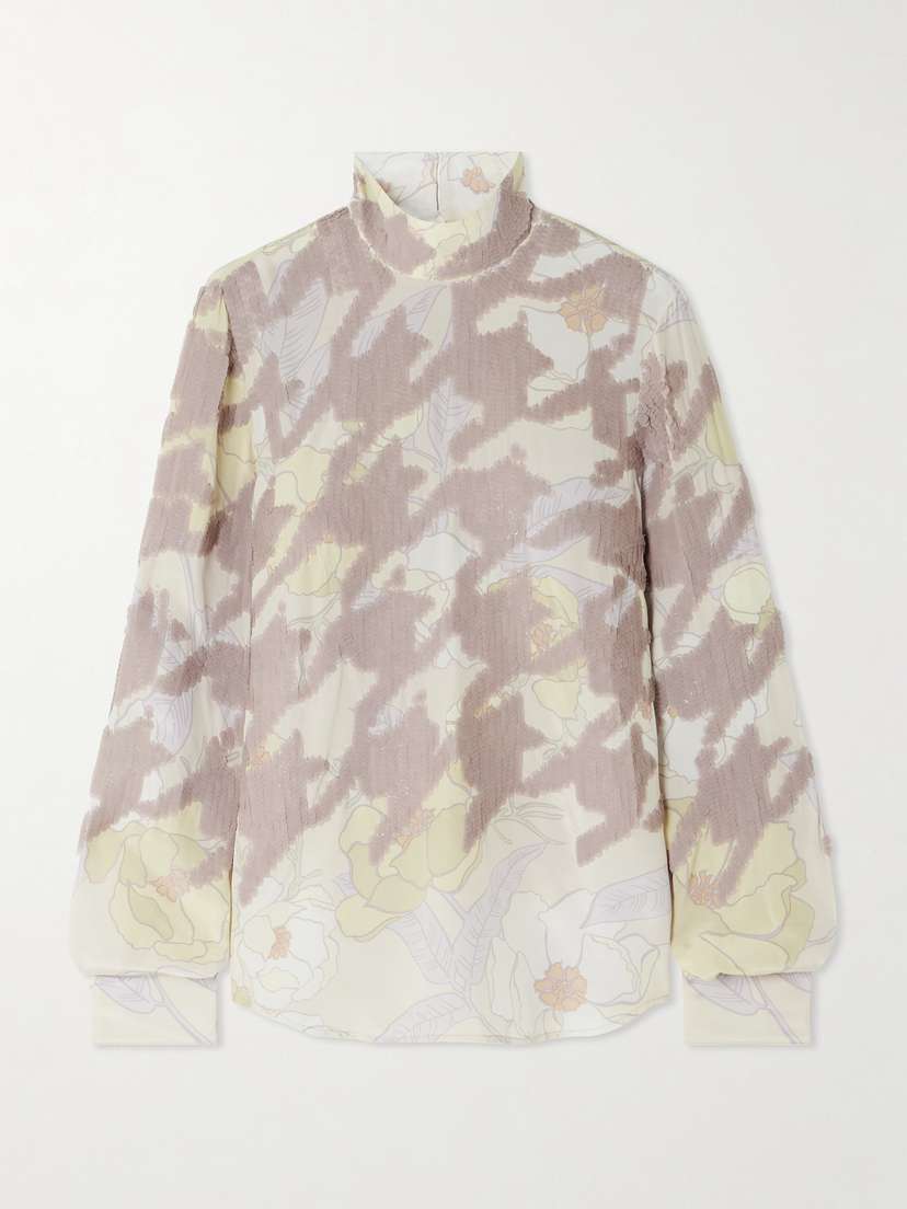 Dries Van Noten Sequined Houndstooth And Floral-print Silk Turtleneck Blouse
