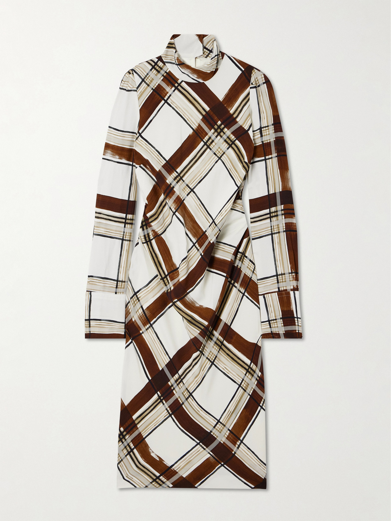 Dries Van Noten Belted Checked Crepe Turtleneck Midi Dress In Brown