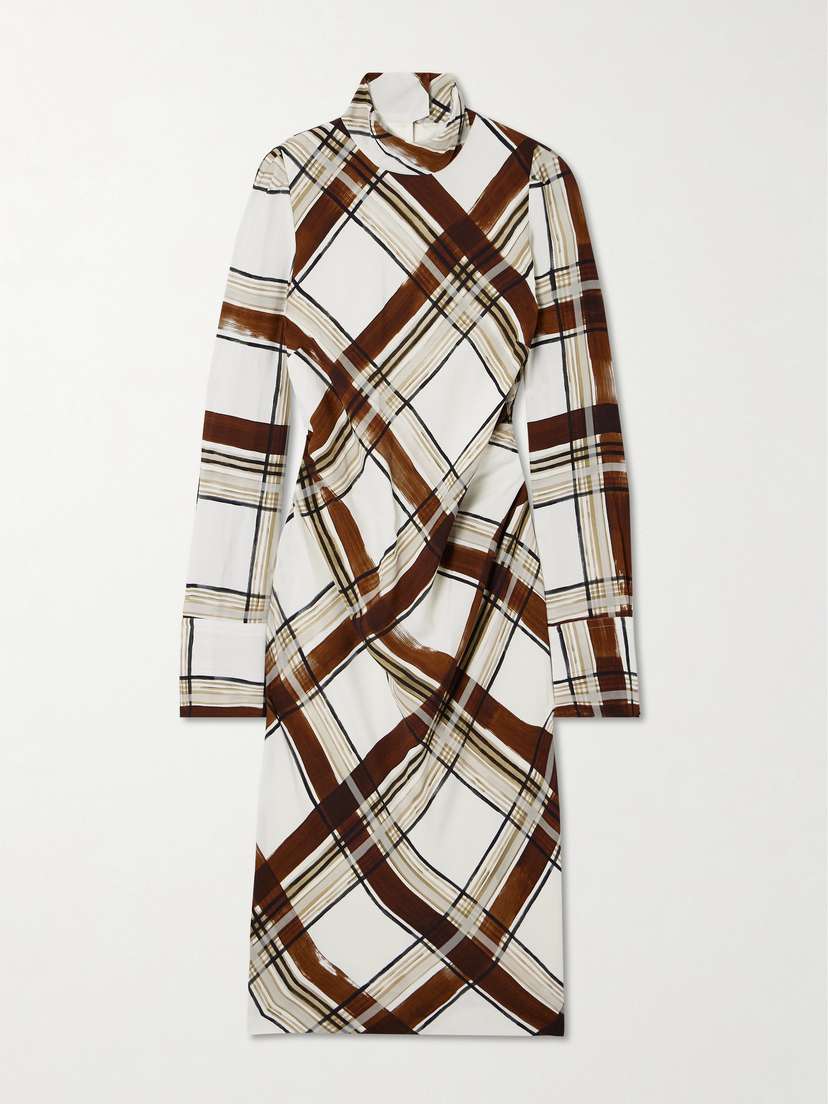 Dries Van Noten Belted Checked Crepe Turtleneck Midi Dress