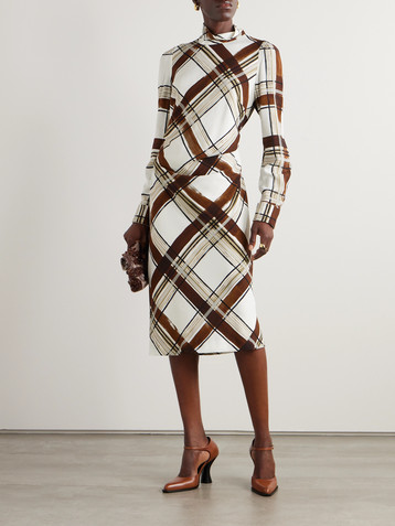 Dries Van Noten Belted checked crepe turtleneck midi dress