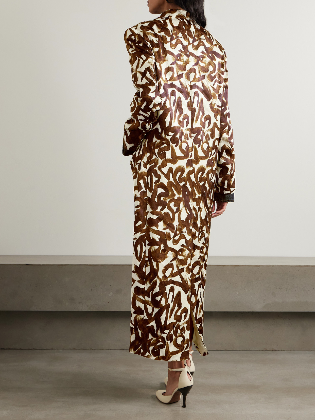 Dries Van Noten Printed Satin-jacquard Coat In Brown