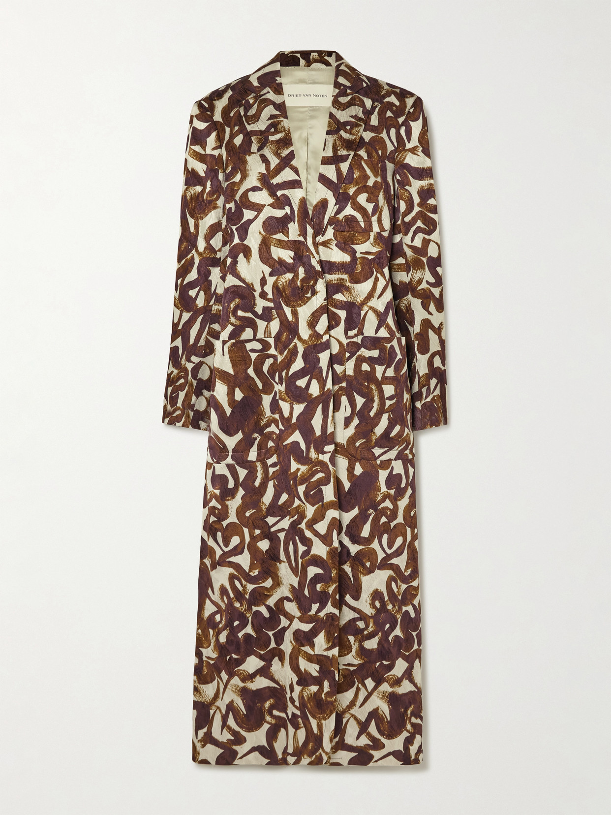 Dries Van Noten Printed Satin-jacquard Coat In Brown