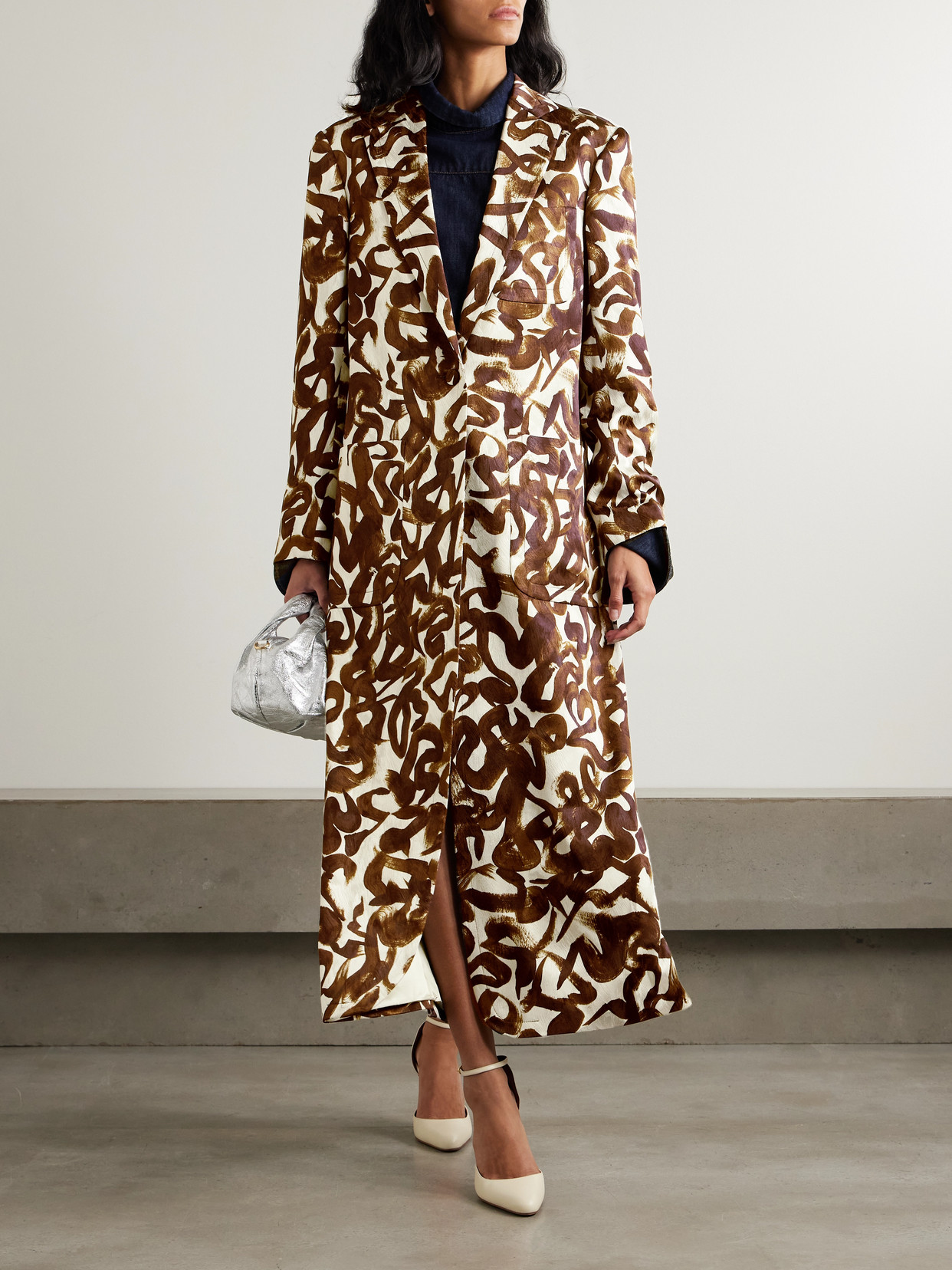 Dries Van Noten Printed Satin-jacquard Coat In Brown