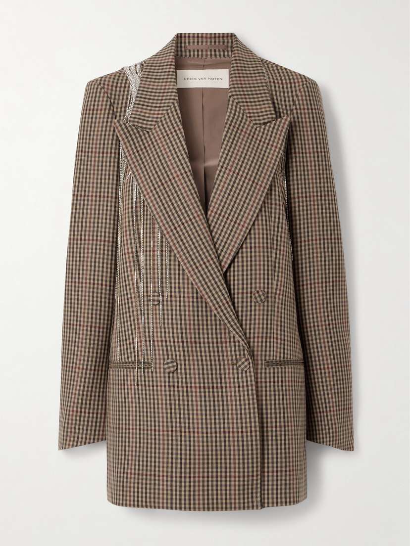Dries Van Noten Double-breasted Crystal-embellished Checked Wool Blazer