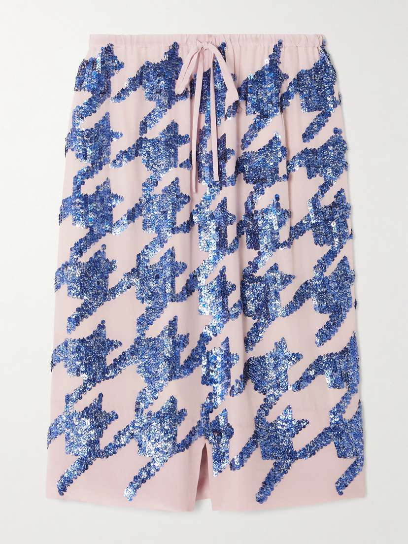 Dries Van Noten Sequined Houndstooth Silk Midi Skirt