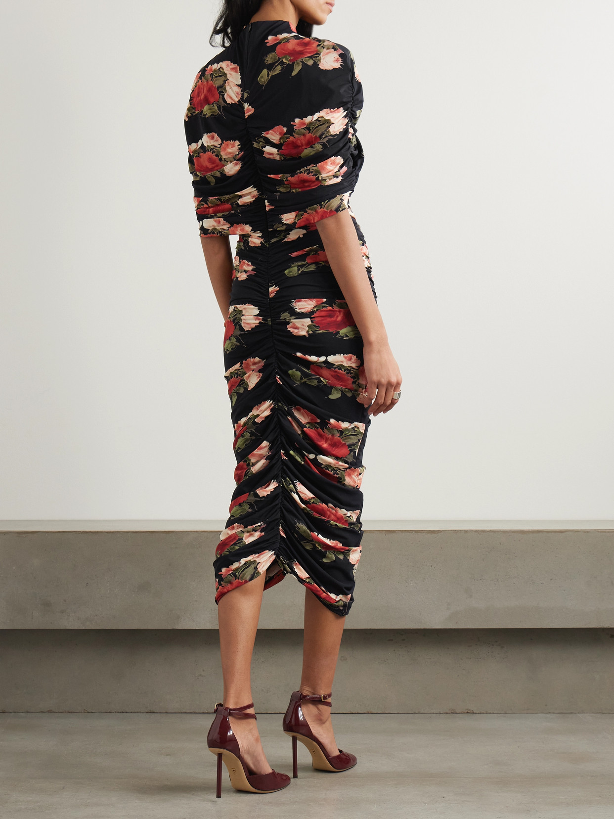 Magda Butrym Ruched Layered Floral-print Jersey Maxi Dress In Black
