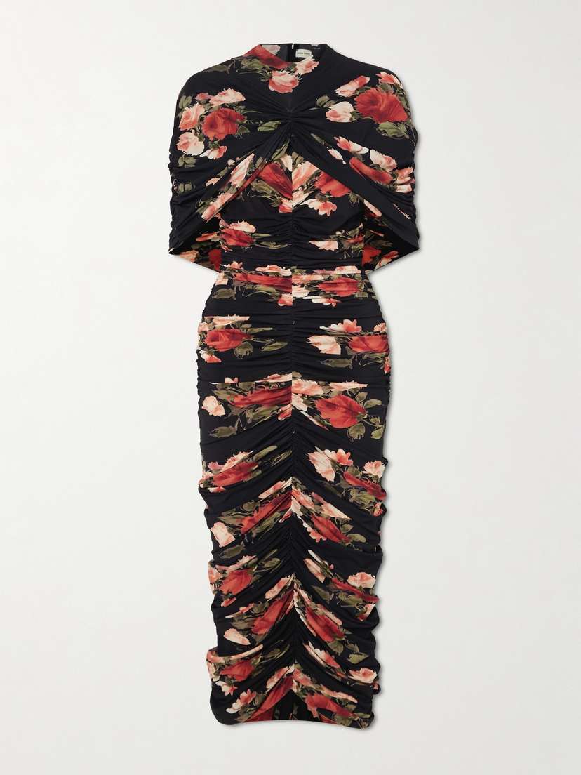 Magda Butrym Ruched Layered Floral-print Jersey Maxi Dress