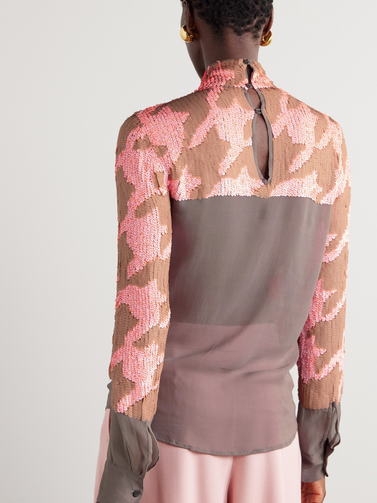 Dries Van Noten Sequined Houndstooth Chiffon Blouse In Orange
