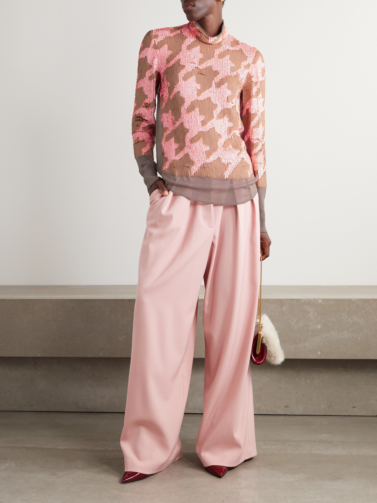 Dries Van Noten Sequined Houndstooth Chiffon Blouse In Orange