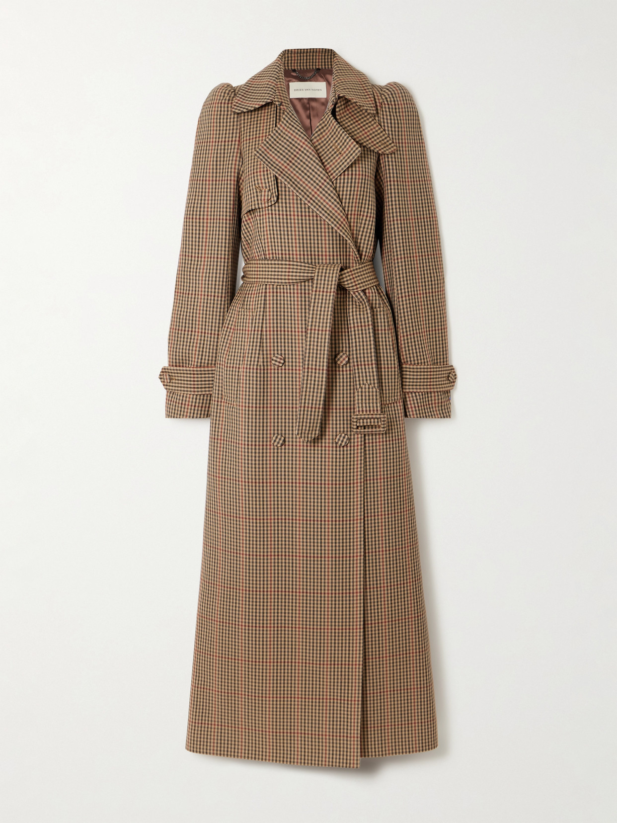 Dries Van Noten Belted Double-breasted Checked Wool Trench Coat In Brown