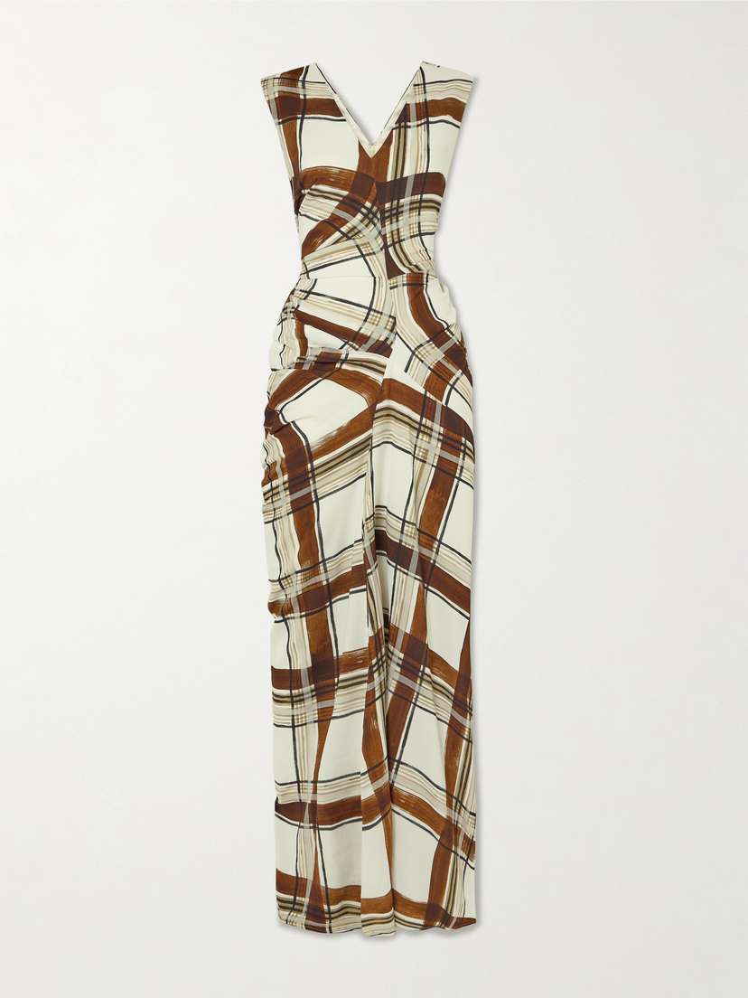 Dries Van Noten Gathered Checked Crepe Maxi Dress