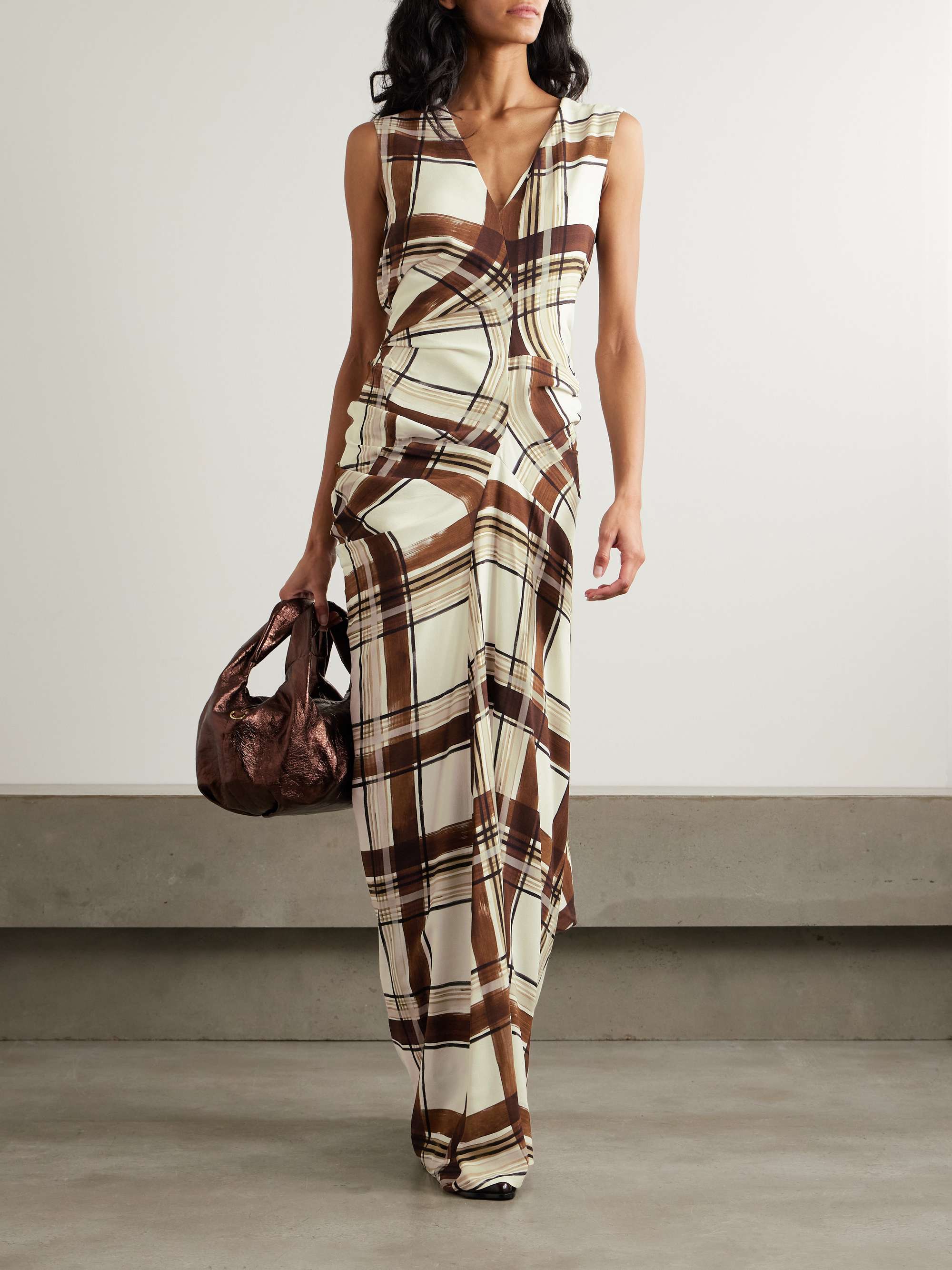 Gathered checked crepe maxi dress