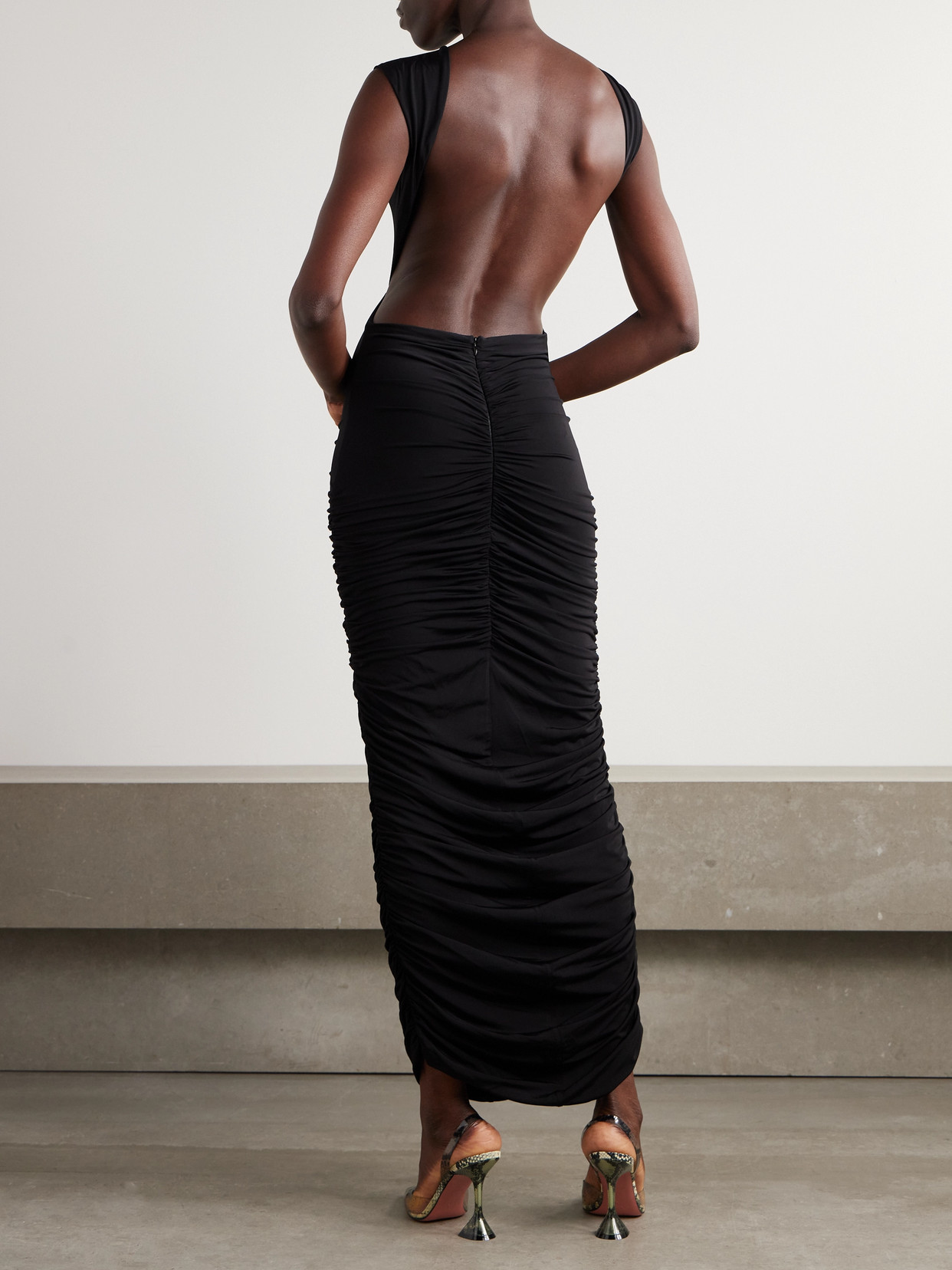 Magda Butrym Ruched Open-back Stretch-jersey Gown In Black