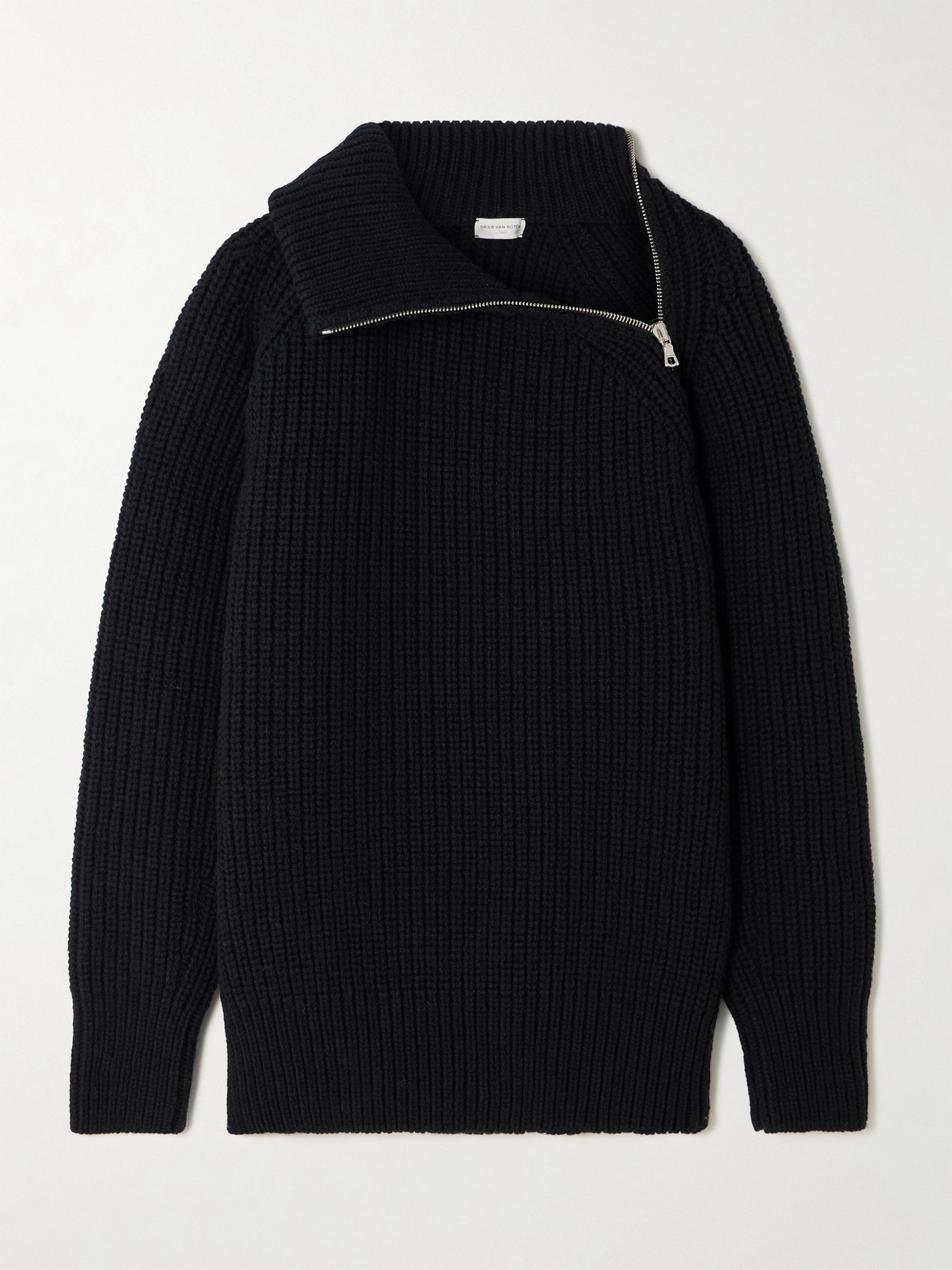 Dries Van Noten Asymmetric Ribbed Wool Turtleneck Cardigan In Black
