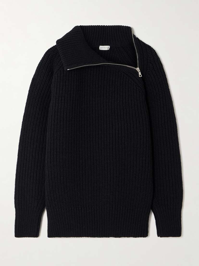 Dries Van Noten Asymmetric Ribbed Wool Turtleneck Cardigan