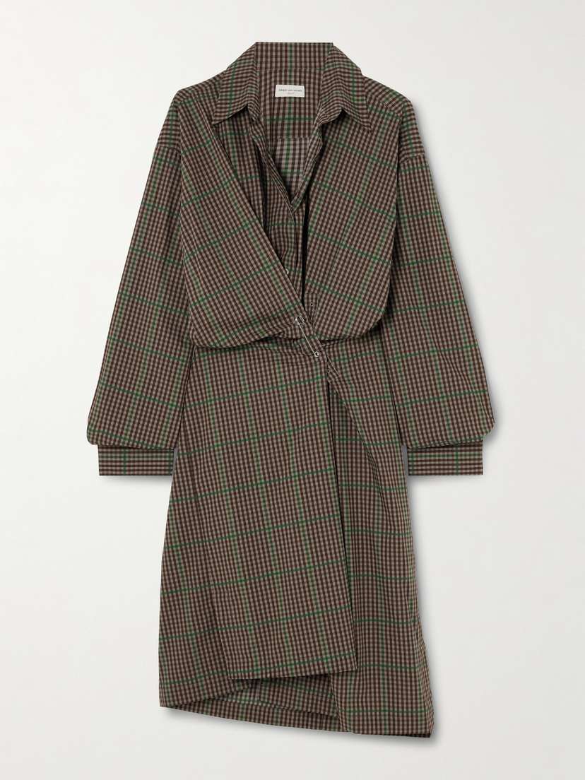 Dries Van Noten Asymmetric Gathered Checked Cotton Shirt Dress