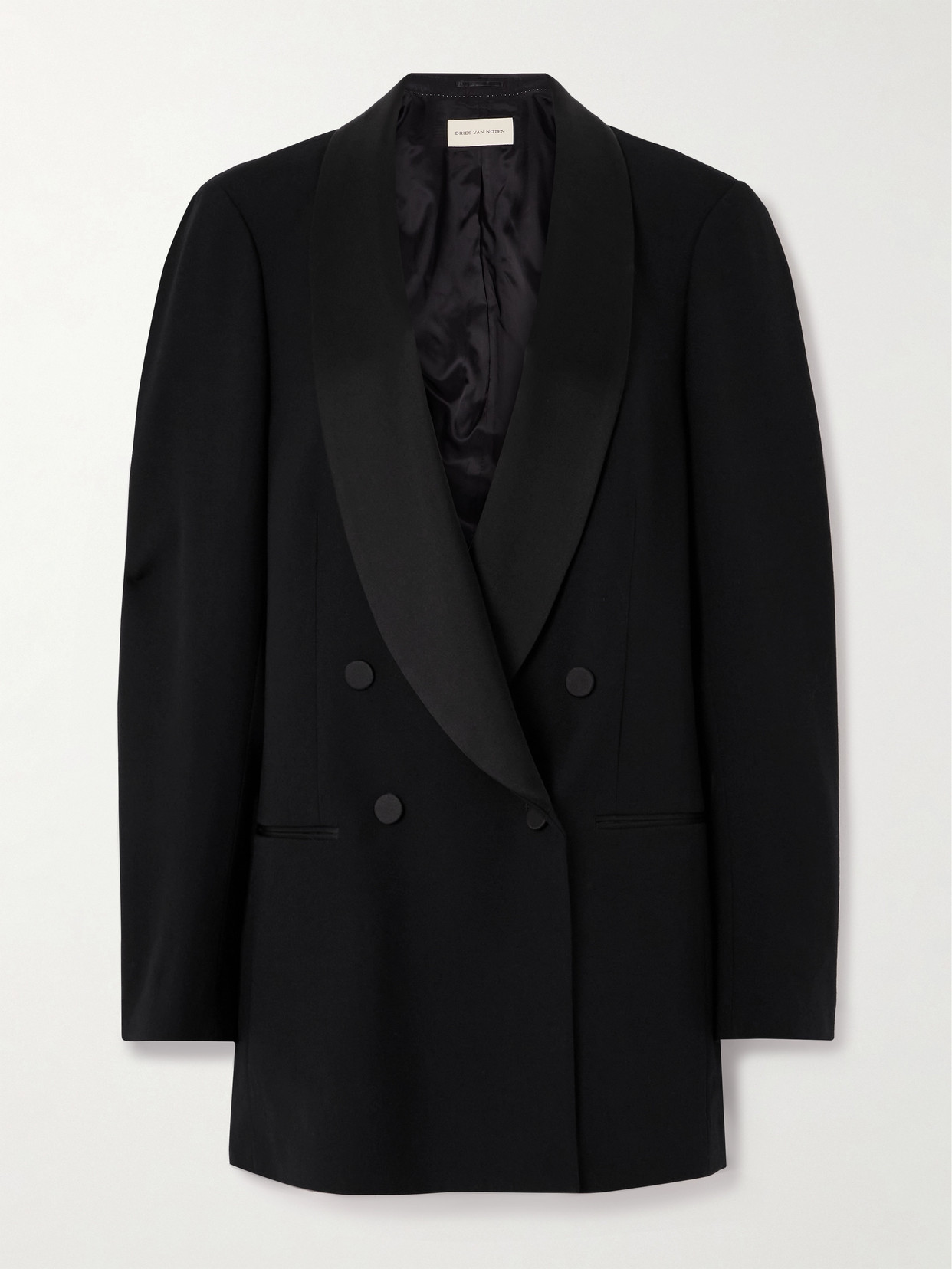 Dries Van Noten Double-breasted Satin-trimmed Wool-blend Blazer In Black