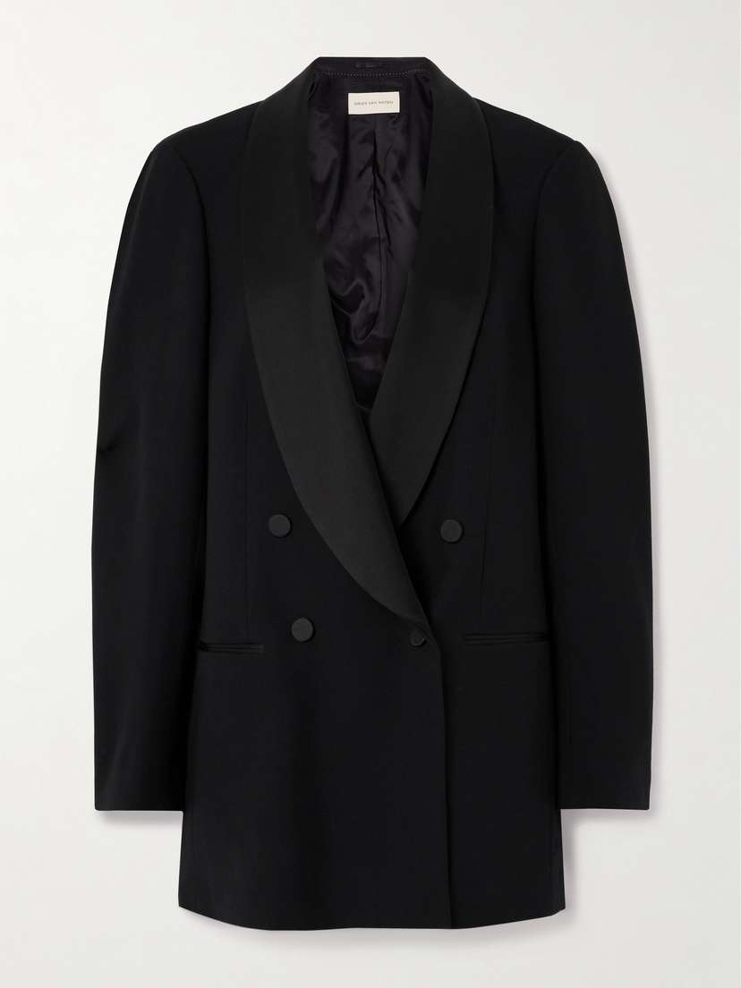 Dries Van Noten Double-breasted Satin-trimmed Wool-blend Blazer