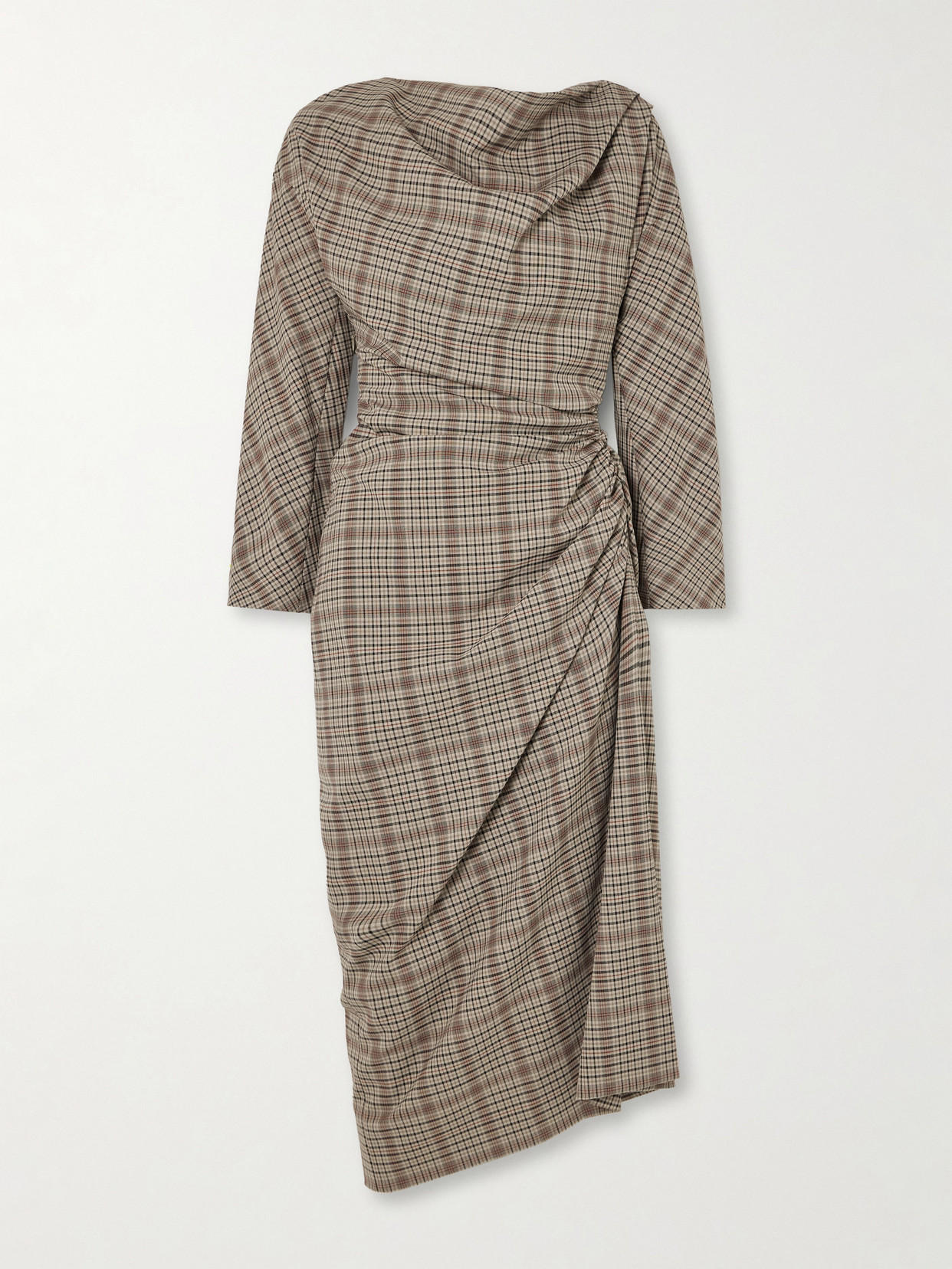 Dries Van Noten - Gathered Draped Checked Crepe Midi Dress - Brown