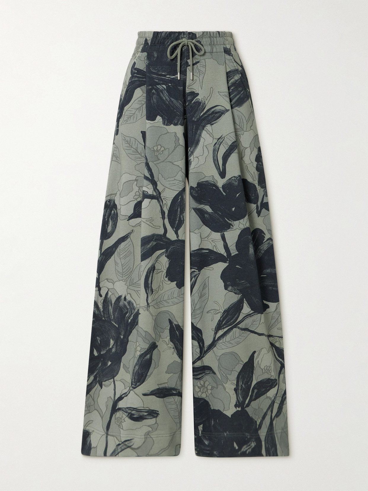 Dries Van Noten Pleated Floral-print Cotton-jersey Wide-leg Sweatpants In Gray