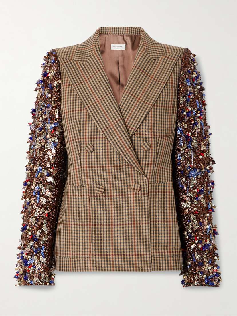 Dries Van Noten Embellished Metallic Jacquard-crepon And Checked Wool Double-breasted Jacket
