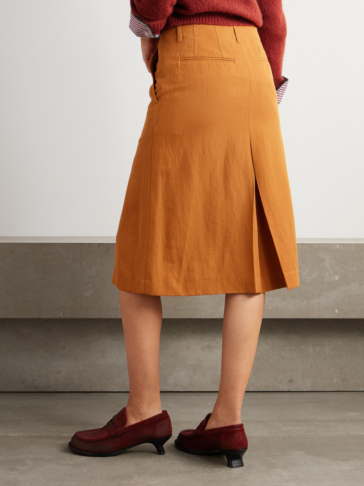 Dries Van Noten Pleated Wool-blend Twill Midi Skirt In Orange