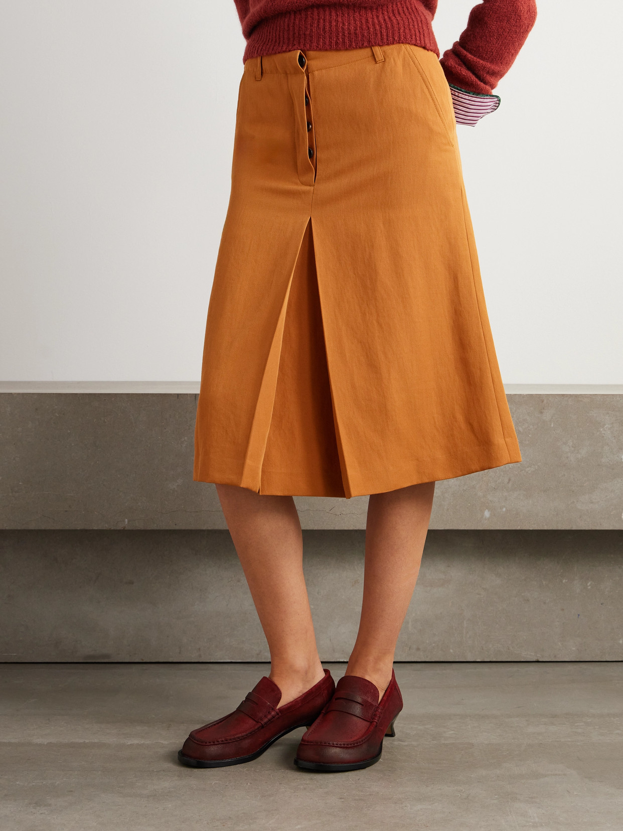 Dries Van Noten Pleated Wool-blend Twill Midi Skirt In Orange