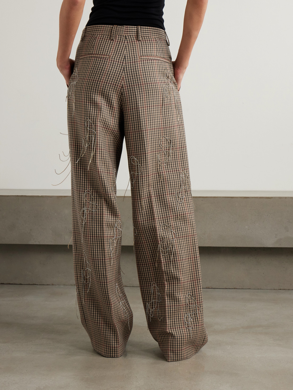 Dries Van Noten Crystal-embellished Checked Wool Wide-leg Pants In Brown