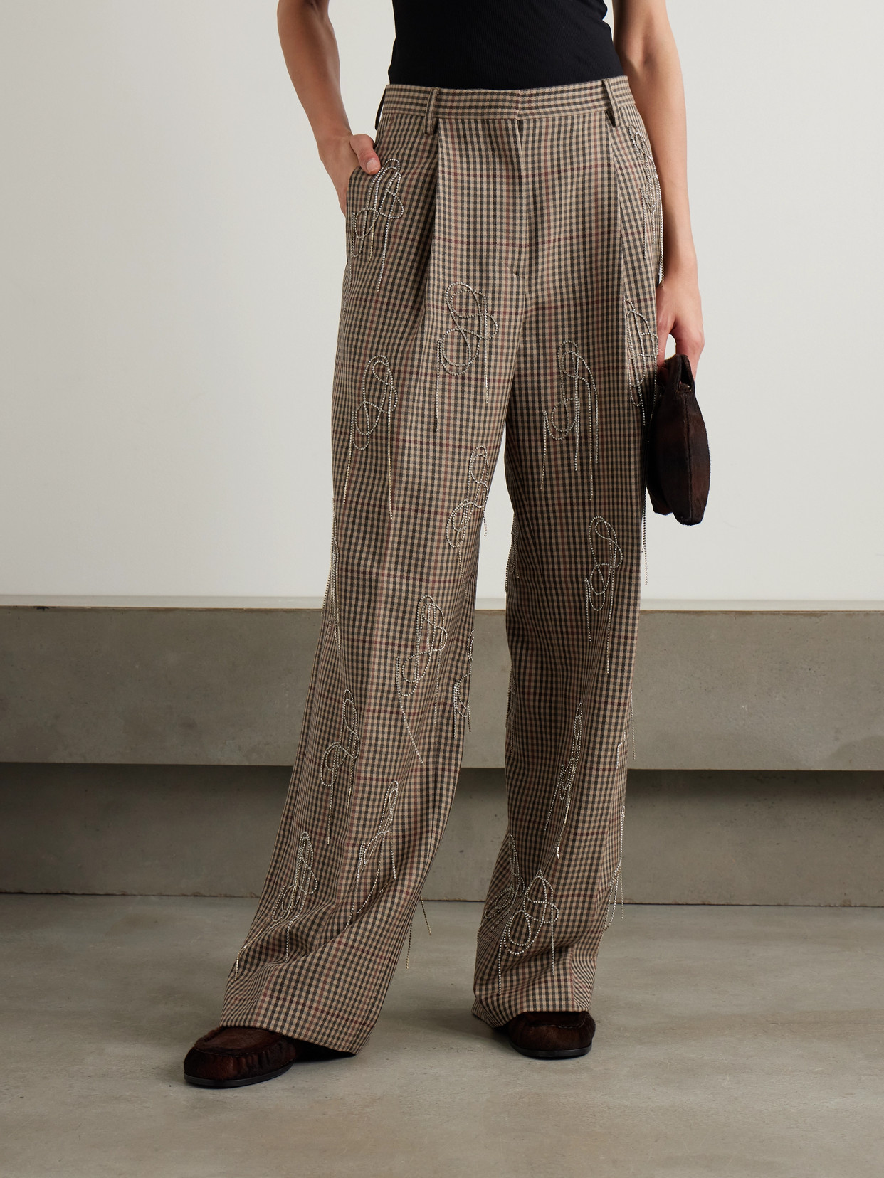 Dries Van Noten Crystal-embellished Checked Wool Wide-leg Pants In Brown