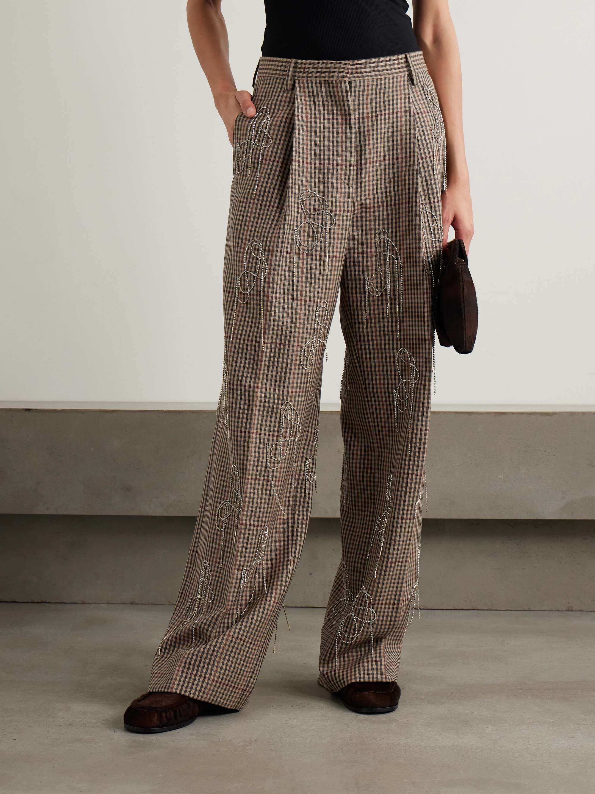 DRIES VAN NOTEN Crystal-embellished checked wool wide-leg