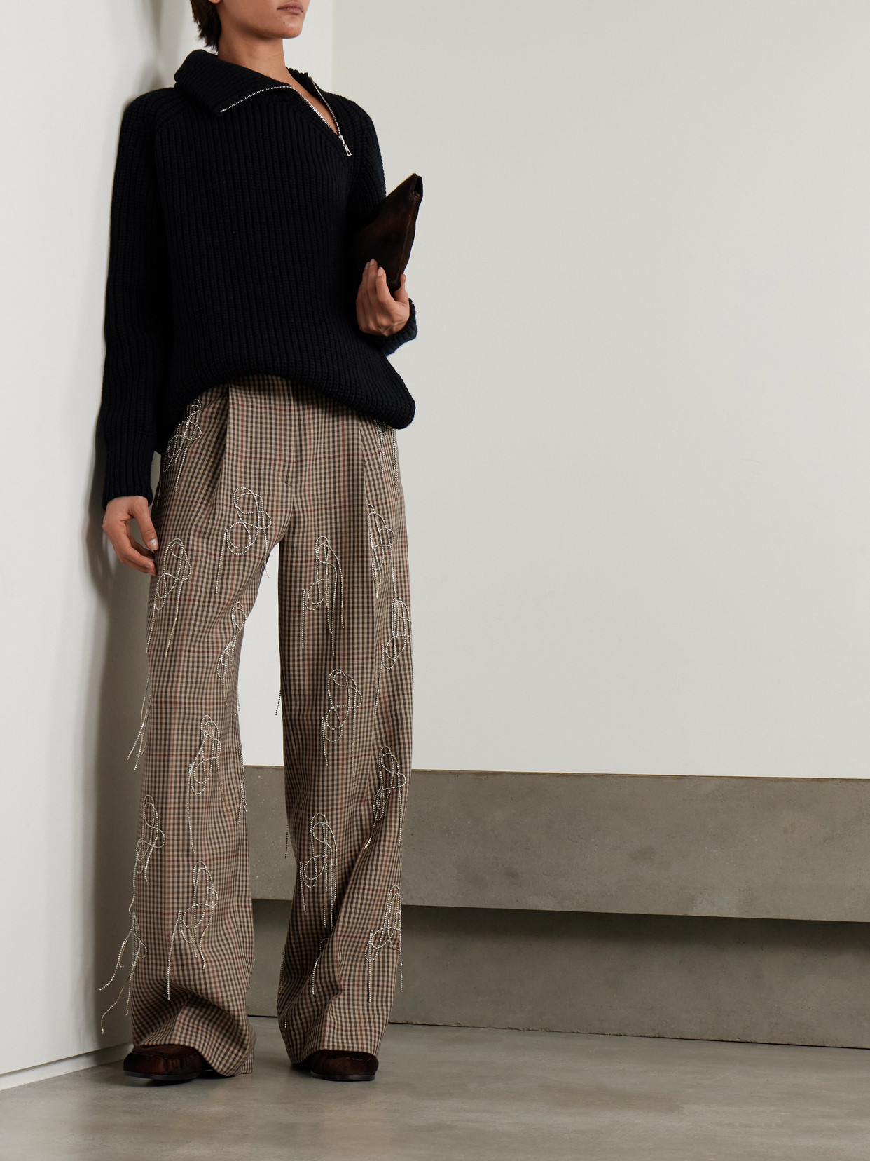 Dries Van Noten Crystal-embellished Checked Wool Wide-leg Pants In Brown