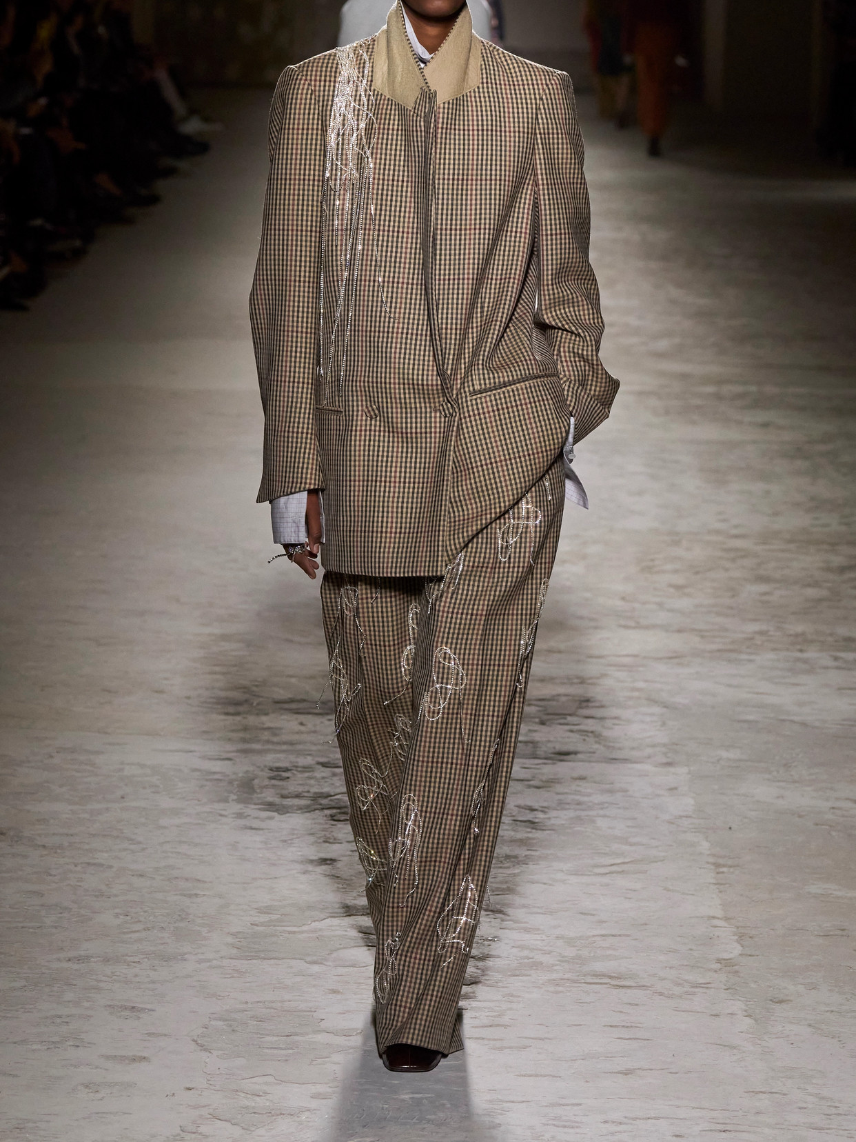 Dries Van Noten Crystal-embellished Checked Wool Wide-leg Pants In Brown