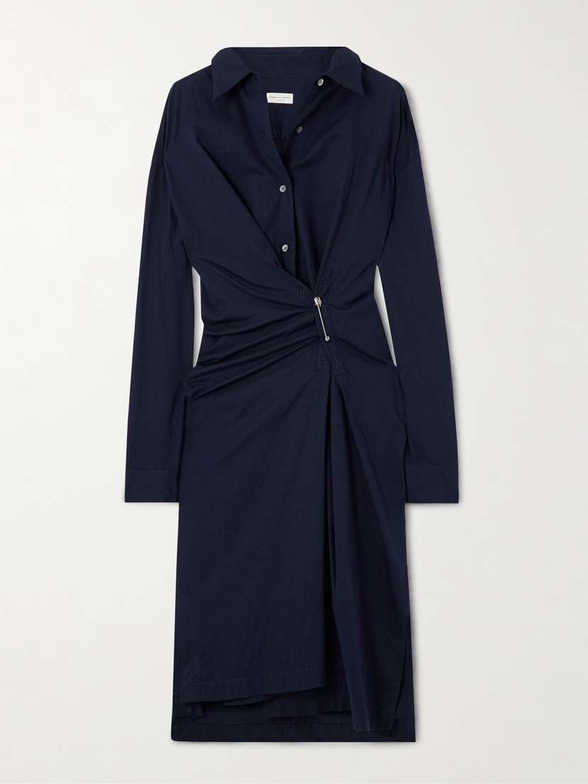 Dries Van Noten Embellished Gathered Cotton-twill Midi Shirt Dress