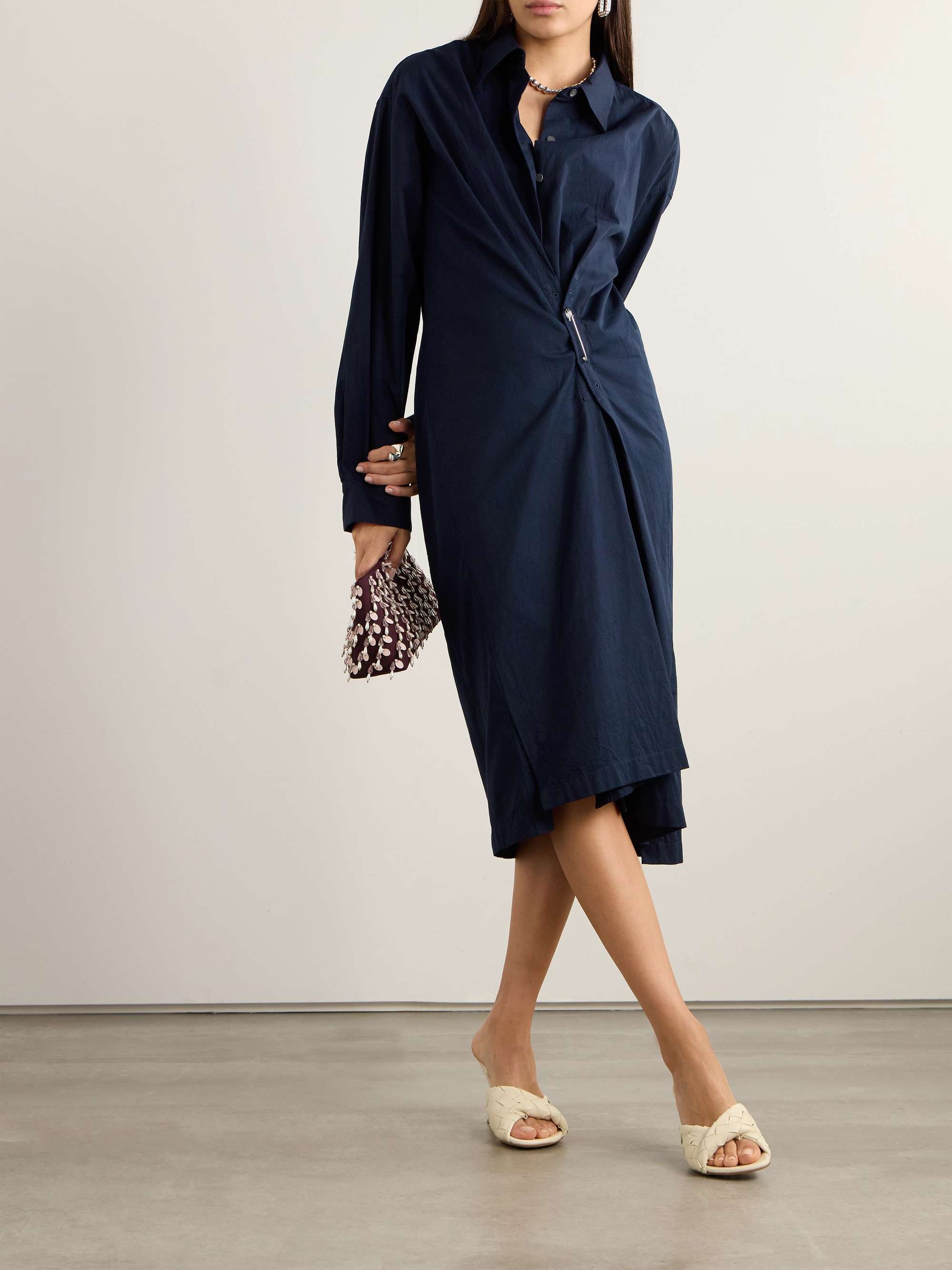 Embellished gathered cotton twill midi shirt dress blue FR34