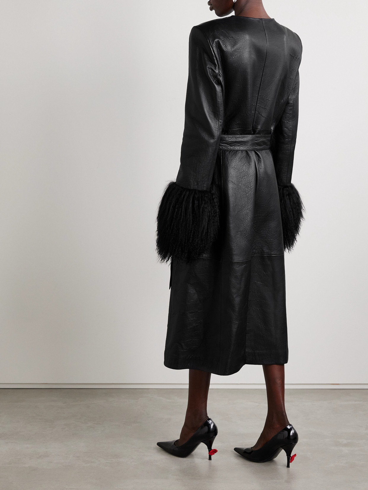 Magda Butrym Belted Faux Fur-trimmed Textured-leather Coat In Black