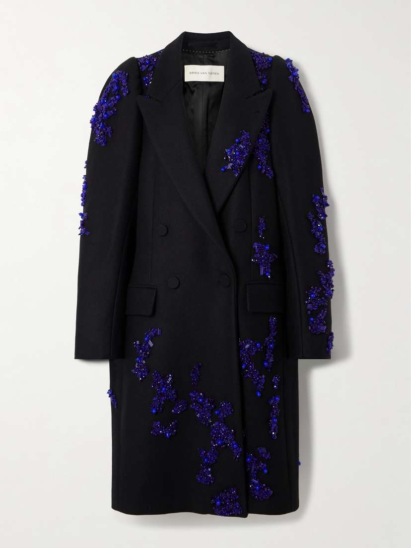 Dries Van Noten Double-breasted Bead-embellished Wool-blend Twill Coat