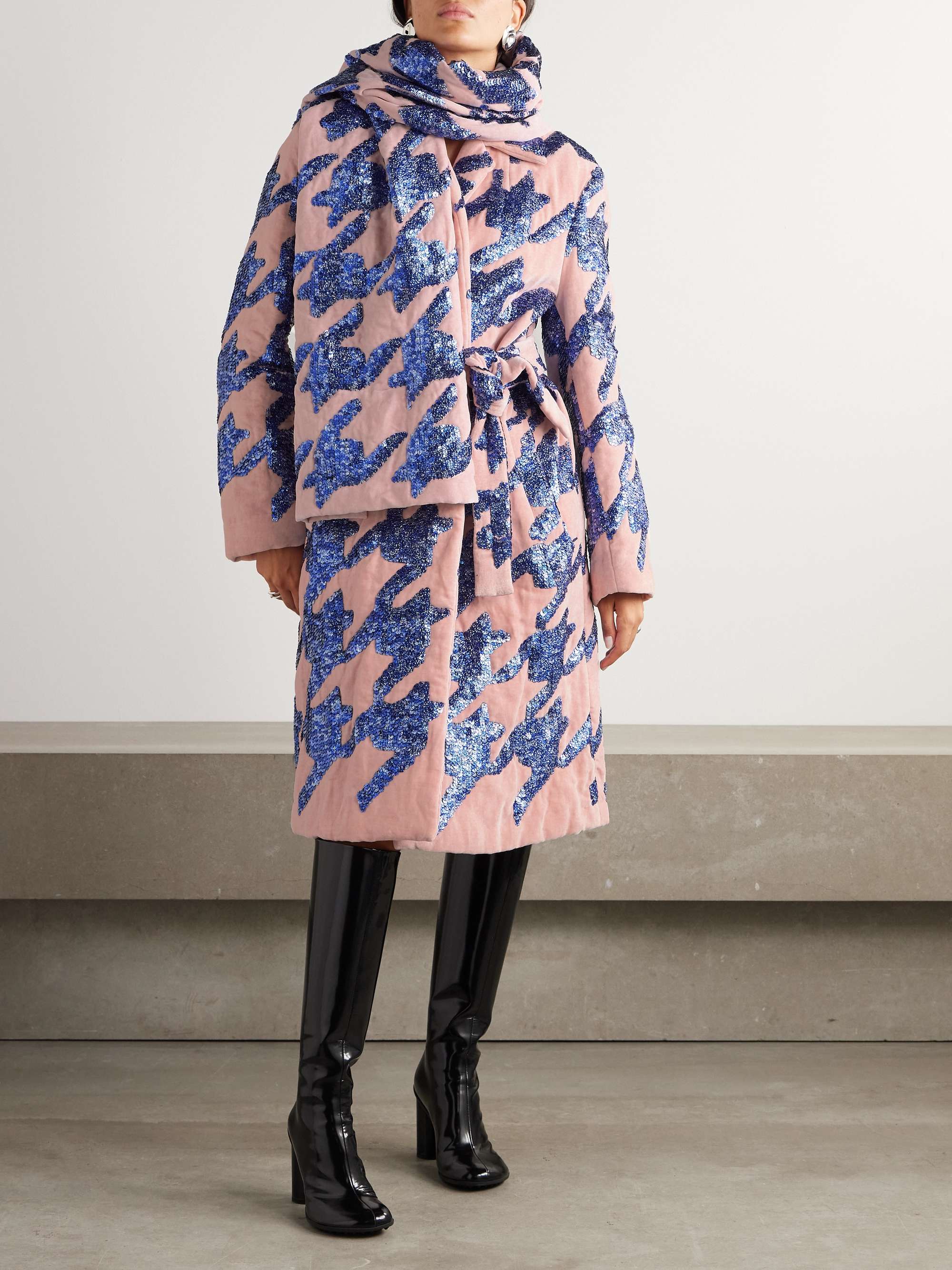 Pink Belted sequin-embellished cotton-blend terry coat